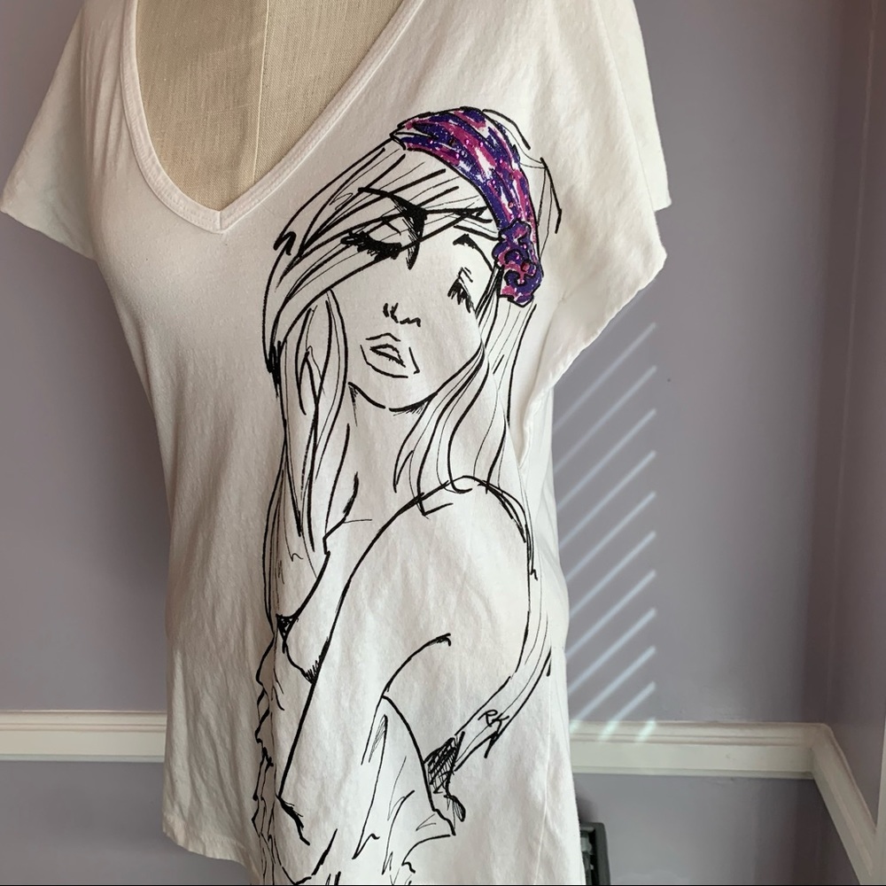 Karen by Karen Kane V neck top sketch of woman in purple rhinestone headband